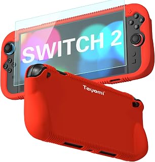 Teyomi Protective Silicone Case Compatible with Nintendo Switch 2, Shockproof Cover for Nintendo Switch 2 with Tempered Glass Screen Protector, Ergonomic Grip Case for Switch 2,2 Game Card Slots (Red)