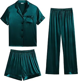 SWOMOG Womens Satin Pyjama Sets Ladies Silk Nightwear 3 Piece Short Sleeve Pj Button Down Sleepwear Set