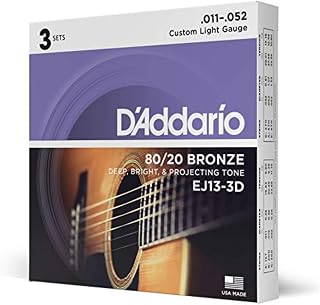 D'Addario Guitar Strings - Acoustic Guitar Strings - 80/20 Bronze - For 6 String Guitar - Deep, Bright, Projecting Tone - EJ13-3D - Custom Light, 11-52 - 3-Pack