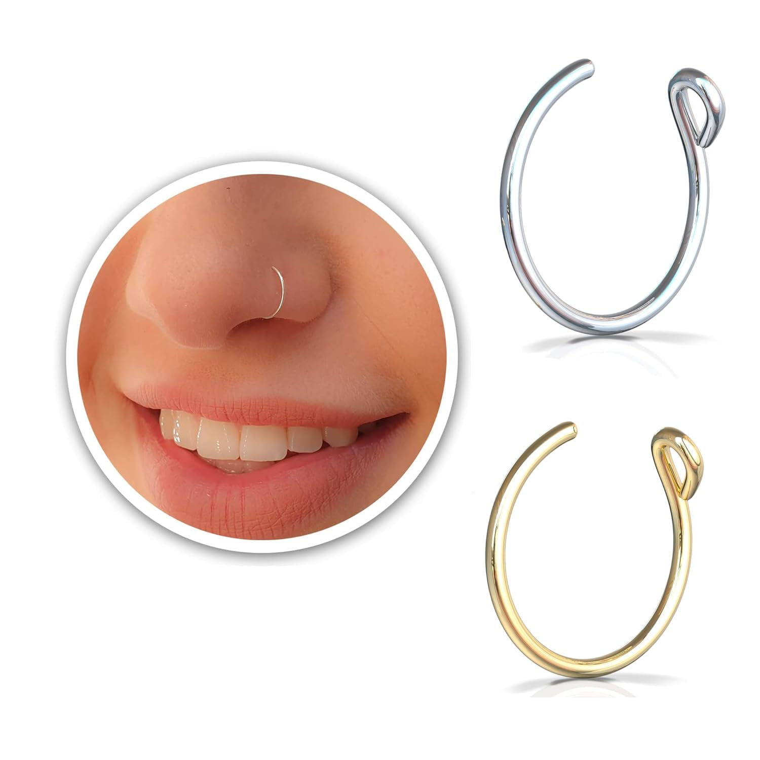 Fake Nose Rings For Women - Set of 2 Tiny Thin 20 Gauge 7mm Faux Nose Piercing H