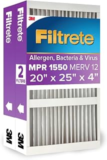 Filtrete 20x25x4 Air Filter, MERV 12, MPR 1550, 2 HVAC Filters | Allergen, Bacteria & Virus, 12-Month AC/Furnace Filters, Cleaner Air, Reliable Airflow, (Act. Size 19.88x24.63x4.31 in)