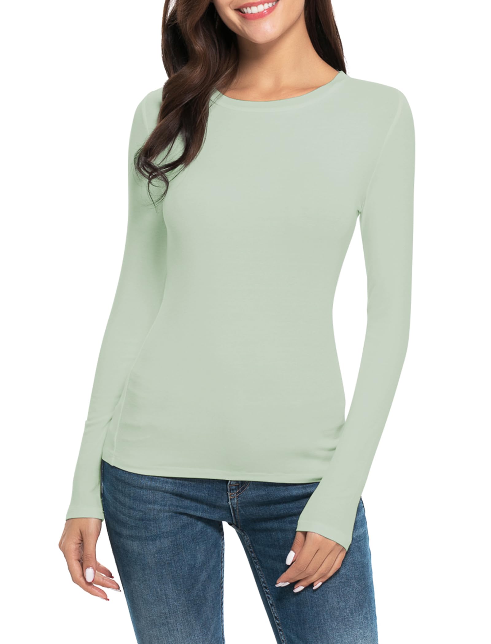 Women Long Sleeve Crew Neck Rayon Slim Fit Stretchy Layer T Shirts Tops