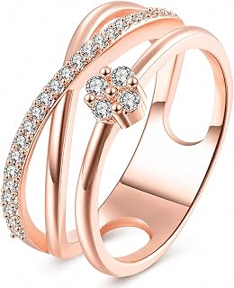 Rockyu Women's Ring, 18K Pink Gold, Sparkling, Stylish, Delicate Design, Jewelry, Gift, Four Leaf Clover, 3 Rows