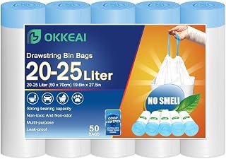OKKEAI Bin Bags 20L, White Pedal Bin Liners with Drawstring, 50 Count