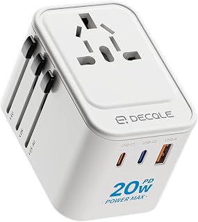 decqle Universal Travel Adapter, 2 USB-C ＆ 1 USB-A, Cover 200+ Countries | PD 20W, International Plug Adapter, All in One Portable Adapter, NOT A Voltage Converter, for USA, UK, EU, AU (White)