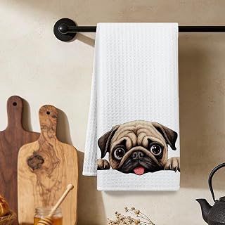Cute Pug Kitchen Towel, Playful Dog Absorbent Microfiber Decorative Cloth Tea Towel, Waffle Hand Towel for Kitchen Home Bathroom, Gift for Dog Lovers