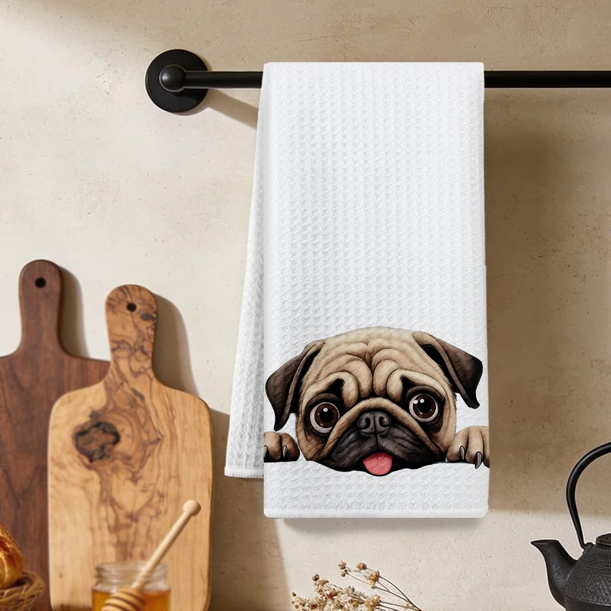 Cute Pug Kitchen Towel, Playful Dog Absorbent Microfiber Decorative Cloth Tea To