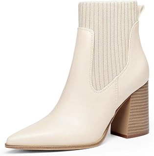 Coutgo Women Ankle Boots Sock Booties Pointed Toe Chunky Stacked High Heel Knit Chelsea Winter Dress Booties