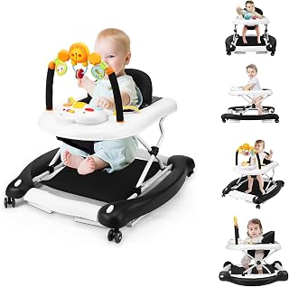 Boyro Baby Baby Walker, 5-in-1 Black Baby Walkers for Boys and Girls 6-12 Months with Bouncer, Removable Footrest, Feeding Tray &amp; Music, Foldable &amp; Adjustable Walker for 6-18 Months Toddler Infant