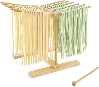 KITCHENDAO Natural Bamboo Pasta Drying Rack with 12 Rods and Transfer Wand | Quick & Easy Assembly, Angled Arms Prevent Slipping, Anti-Slip Feet, Detachable Design for Easy Cleaning & Storage