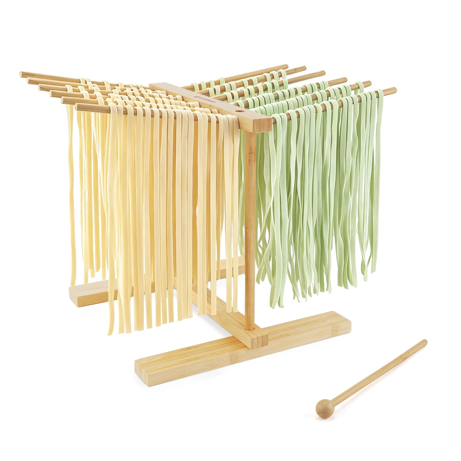 KITCHENDAO Natural Bamboo Pasta Drying Rack with 12 Rods and Transfer Wand | Qui