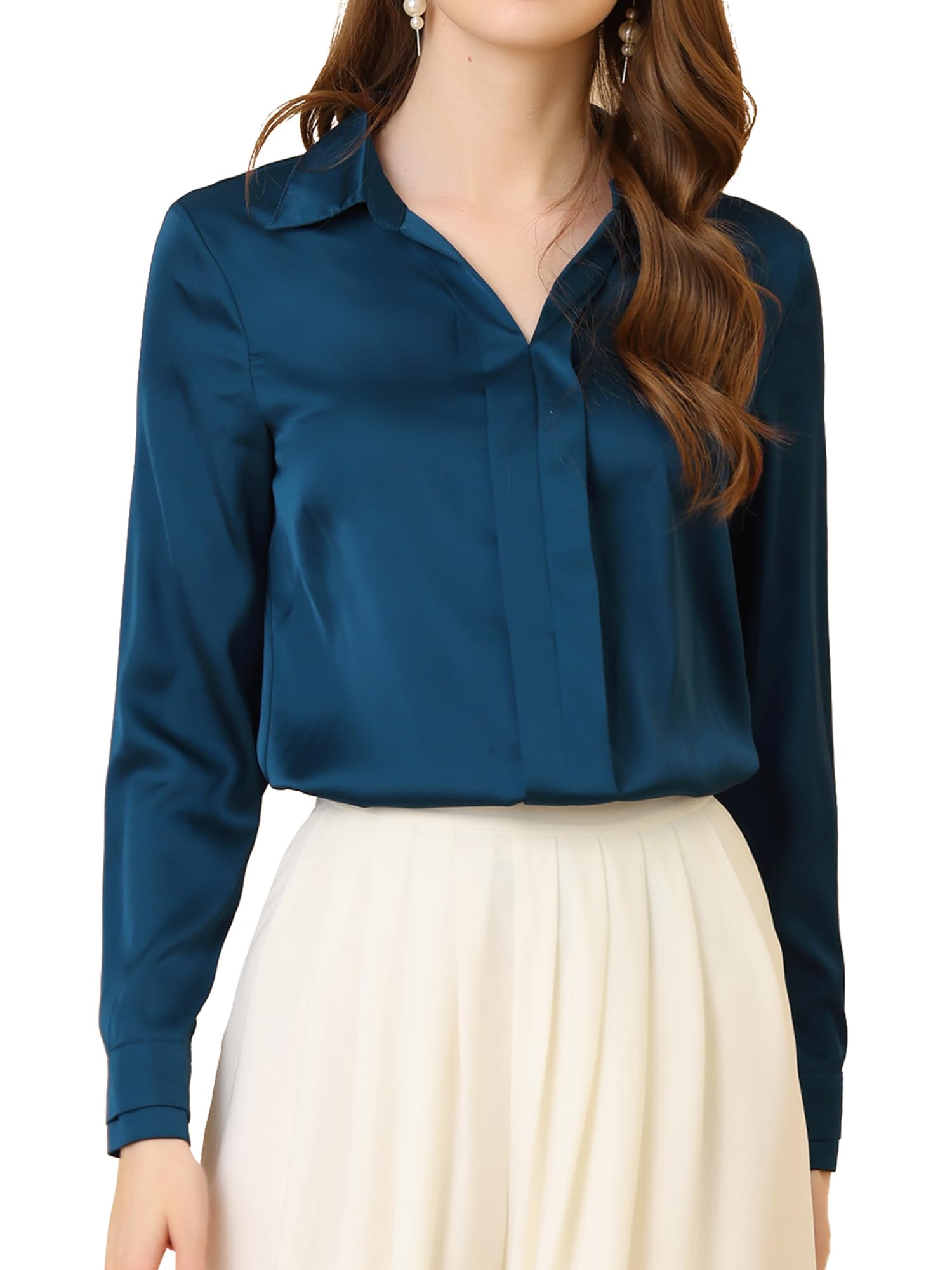 Allegra K Women's Work Blouse Long Sleeves in Silk Satin
