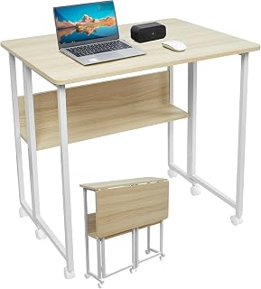 Fiutazge Folding Desk Table with Wheels and Storage, Small Space Folding Table for Study, Home Office, Computer Crafts, White + Maple