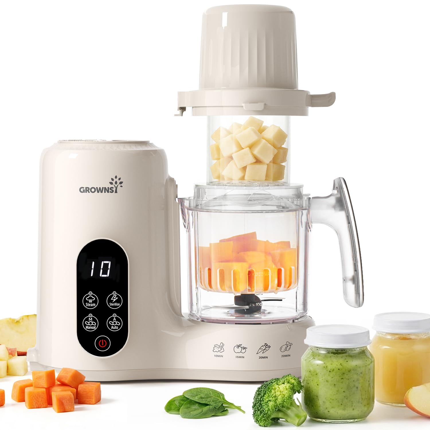 Grownsy Baby Food Maker & Processor with Dual-Layer Steam Basket, Cream | BPA-Fr