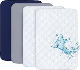 Pack and Play Sheets &amp; Mattress Protector Set, 4-Pack, Grey &amp; Navy | 4-Piece Set: 2 Waterproof Quilted Covers + 2 Soft Sheets, Fits 39"x27" Playards, Machine Washable