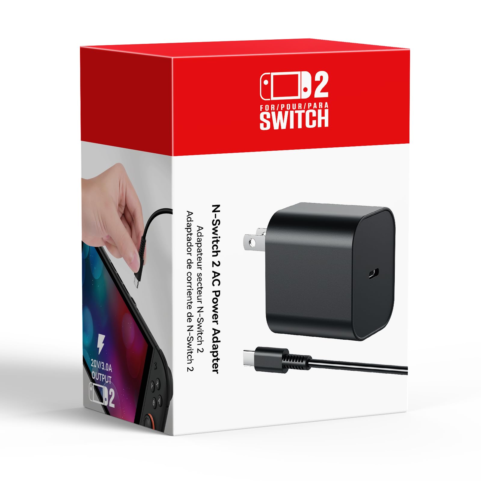 Switch 2 Charger - 60w AC Power Adapter for Nintendo 2/1, PD3.0 Fast Charging wi