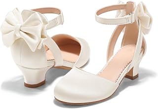 Coutgo Girls Dress Shoes Flower Girl Shoes with Cute Bow Closed Toe Chunky Heel Satin Wedding Party Pumps