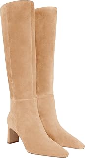 Coutgo Womens Wide Calf Closed Toe Chunky Heel High Boots Side Zipper Autumn Dress Shoes, dark khaki, 39.5 EU