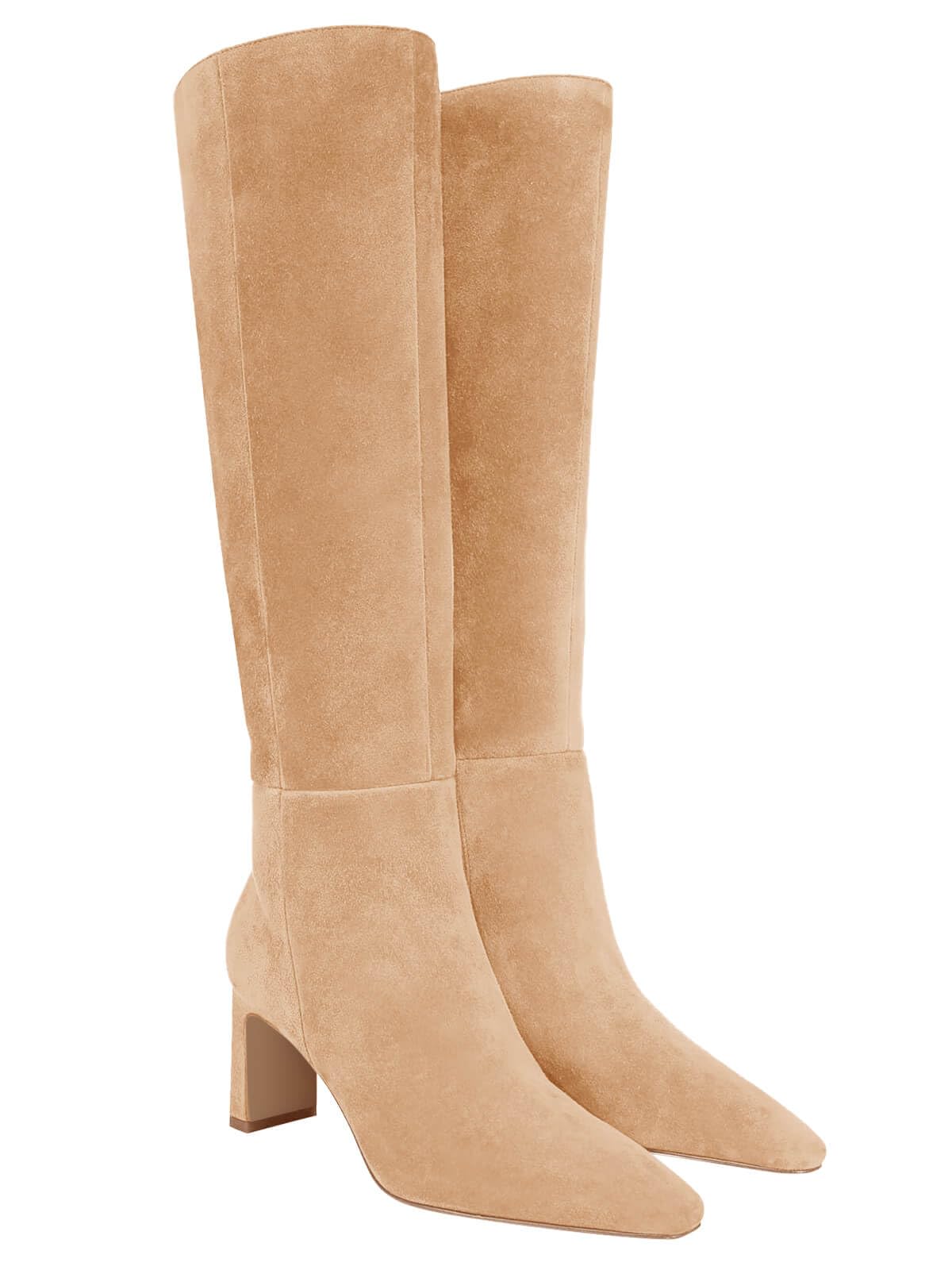 Coutgo Womens Wide Calf Closed Toe Chunky Heel High Boots Side Zipper Autumn Dre