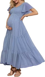 Swiss Dot Smock Maternity Dress for Baby Shower Photoshoot Casual V Neck Ruffle Sleeve Empire Waist Layered Boho Dress, B Blue., XL, B Blue