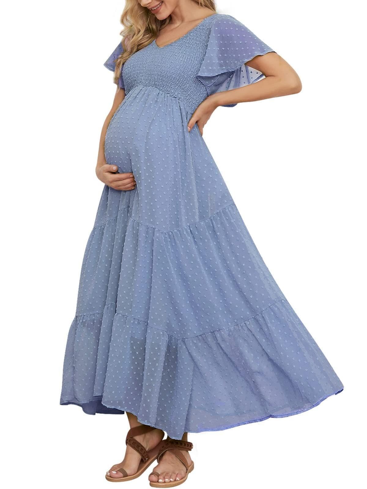 Swiss Dot Smock Maternity Dress for Baby Shower Photoshoot Casual V Neck Ruffle 