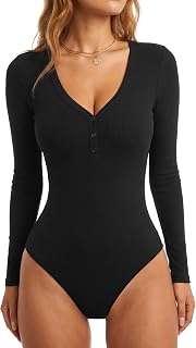 LYANER Women Long Sleeve V Neck Button Down Bodysuit