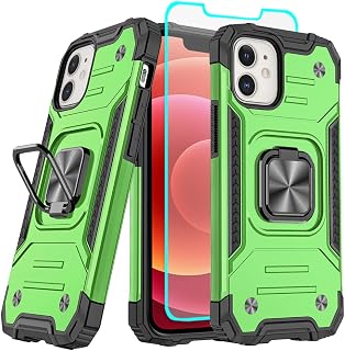 for iPhone 12 Case, iPhone 12 Pro Case with HD Screen Protector, HNHYGETE 360°Military Grade Rotatable Kickstand (Heavy Duty) Shockproof Protective Cases for iPhone 12（Green）