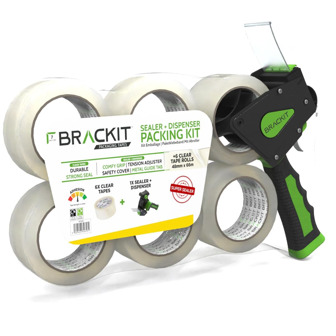 Brackit Tape Gun Dispenser with 6 Clear Packing Tape Rolls 48mm x 66m