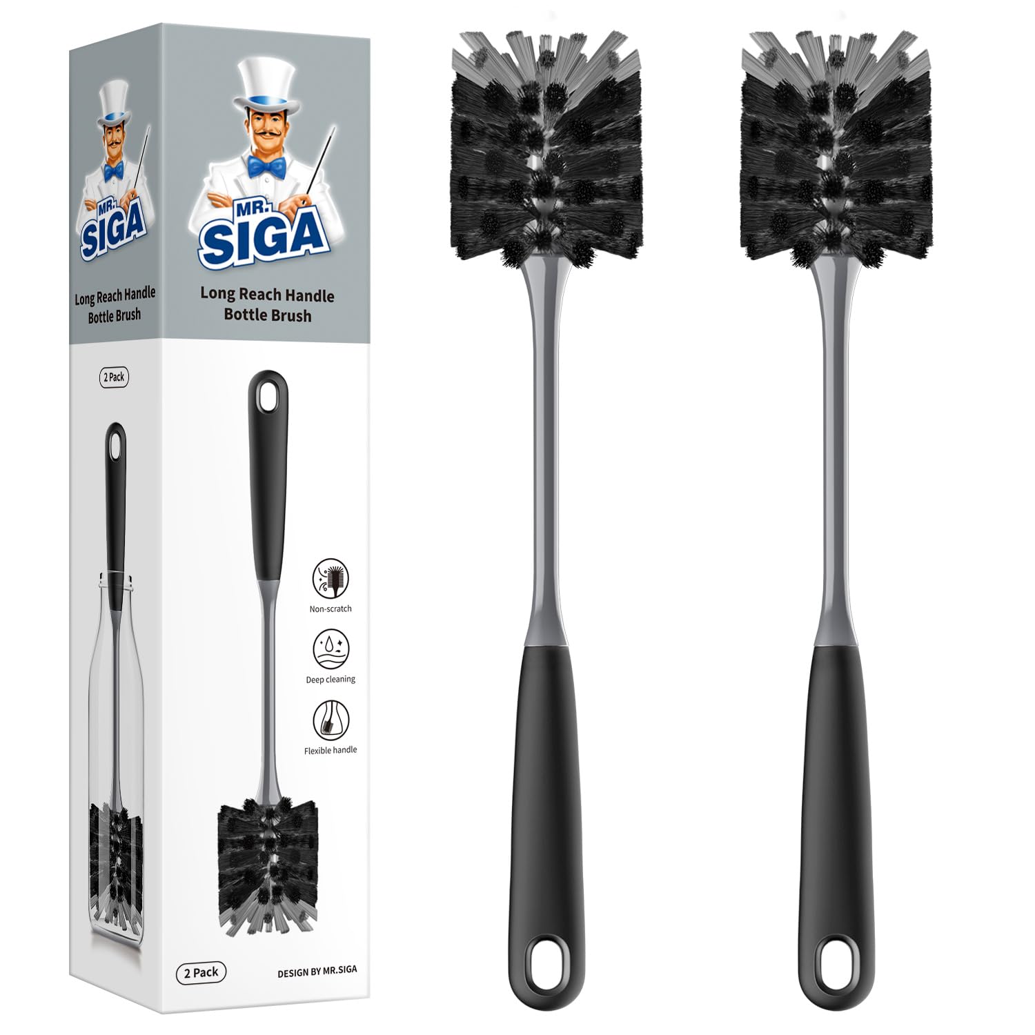 MR.SIGA Long Handle Bottle Brush, Non-Scratch Water Bottle Brush Cleaner | 2 pac