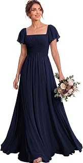 MisShow Women's Flutter Sleeves Bridesmaid Dresses Square Neck Chiffon Maxi Dress A Line Formal Evening Gown