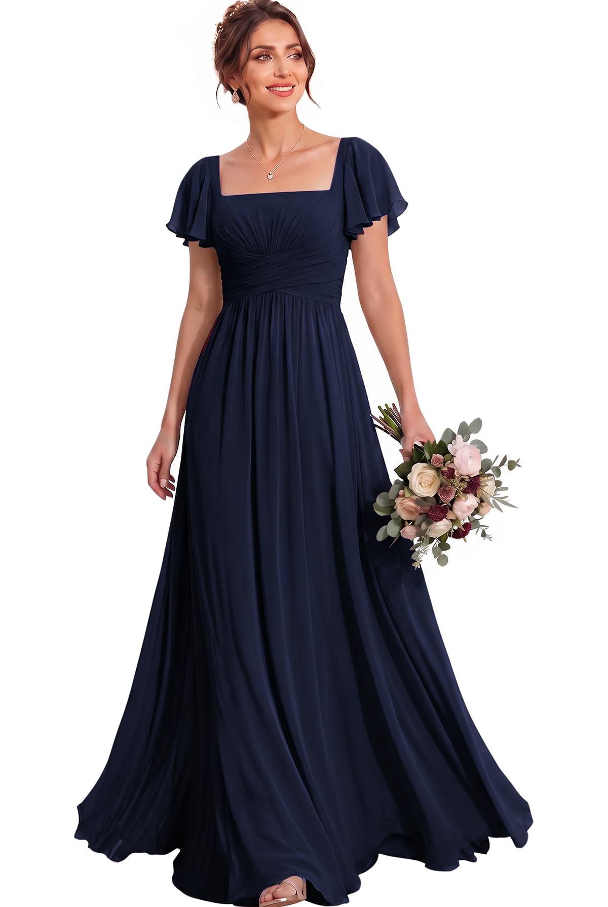 MisShow Women's Flutter Sleeves Bridesmaid Dresses Square Neck Chiffon Maxi Dres