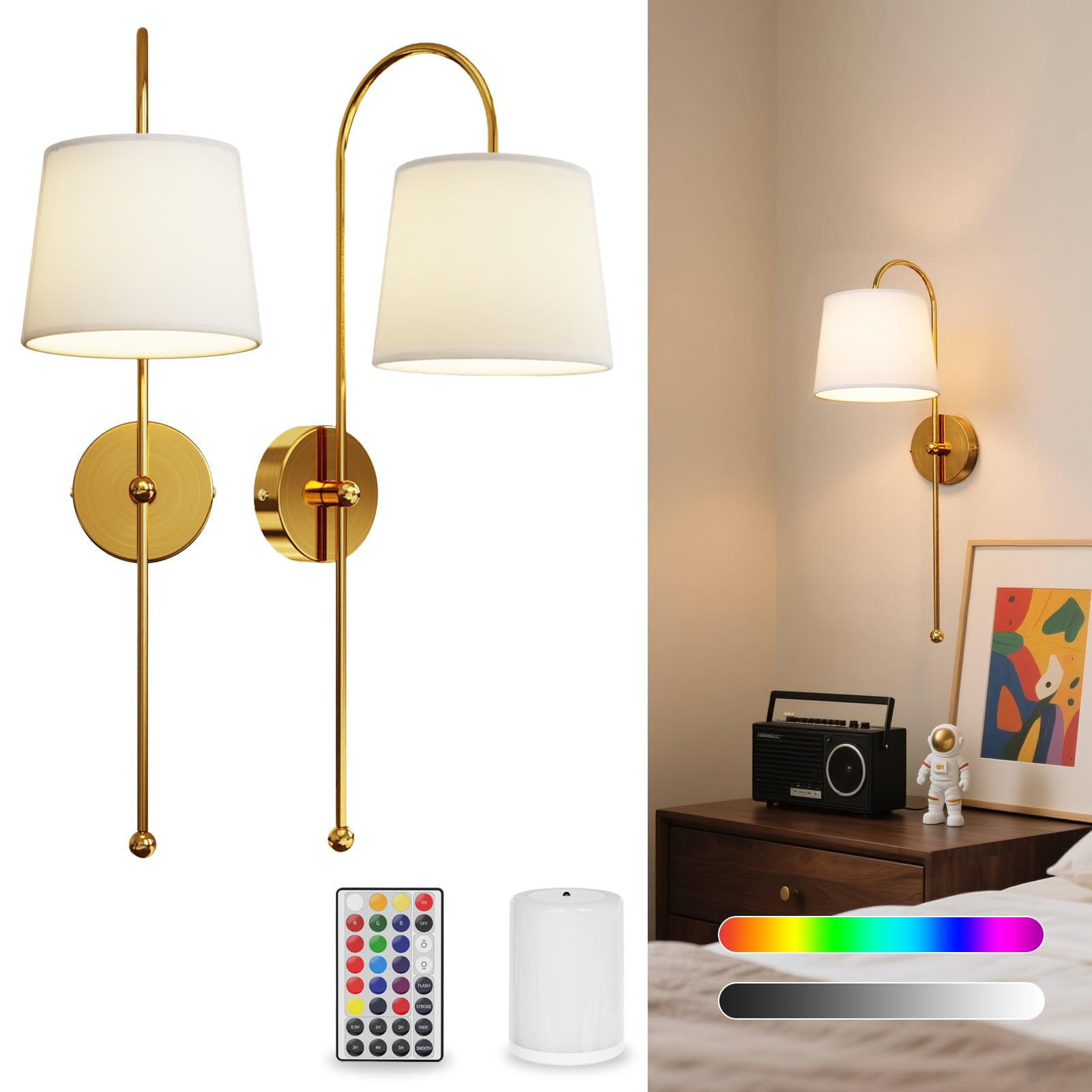 Two Battery Operated Wall Lights Indoor with Remote for Living Room
