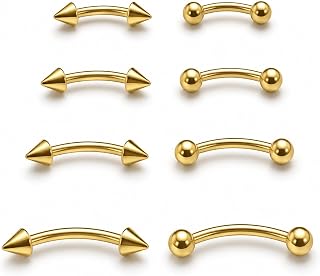 Curved Barbell Eyebrow Piercing Jewelry Set, Stainless Steel | Choose 14G, 16G or 18G in gold, silver or black with 6/8/10/12mm curved barbells, 3mm ball and spike ends.