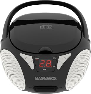 Magnavox Portable Top Loading CD Boombox with AM/FM Stereo Radio in Black | CD-R/CD-RW Compatible | LED Display | AUX Input | Programmable CD Player | 1.6 watts of Audio