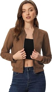 Allegra K Faux Suede Jacket for Women's Stand Collar Zip Up Bomber Jackets