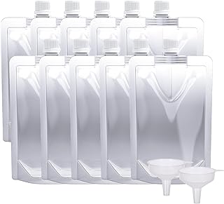 Keon Plastic Pouches - Leak-Proof, Reusable, Flexible Juice Bags, BPA-Free for Travel, Outdoor Sports, Concerts, Events (8OZ - 10PCS + 2 Funnels)