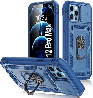 PASNEW for iPhone 12 Pro Max Case,Magnetic Car Mount Holder Ring Kickstand & Camera Lens Slide Cover,Military Heavy Duty Full Body Shockproof Drop Shell Hard for 12 Promax,6.7 inch,Blue