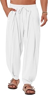 Men's Linen Casual Pants Elastic Waist Drawstring Summer Beach Loose Fit Tapered Pants