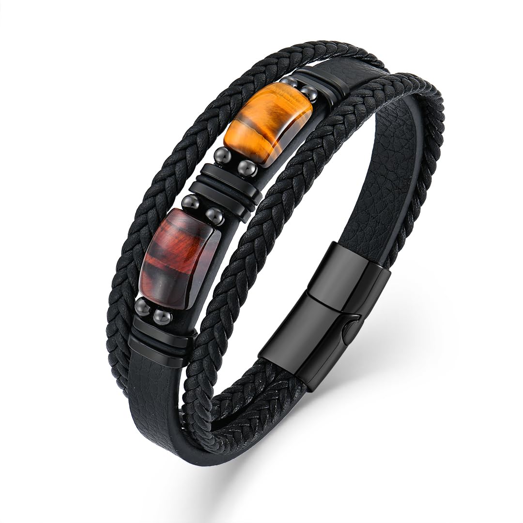 Mens Leather Bracelet Natural Tiger Eye Protection Multilayer Braided Wristband 
