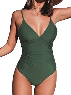 CUPSHE Women's Swimsuit, Triangle Design, V-Neck, Stripes, Tummy Control, Gathers, One-Piece Swimwear