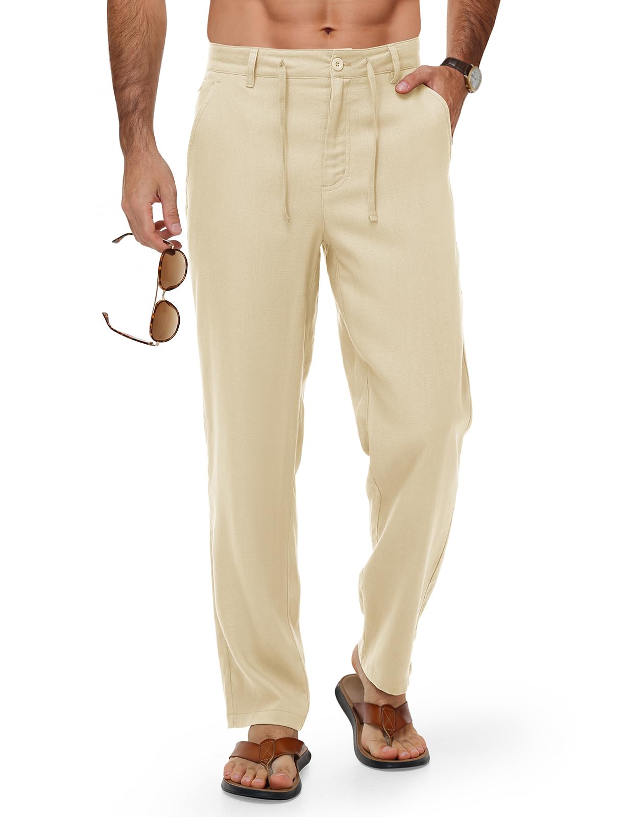 TBMPOY Men's Linen Pants Casual Travel 5 Pockets Lightweight Breathable Dress Pa