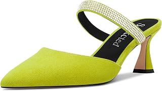 Saekcted Women's Chunky Block Medium Heel Pointed Toe Pumps Slip-on Diamante Crystal Casual Cute Slippers Fashion Shoes