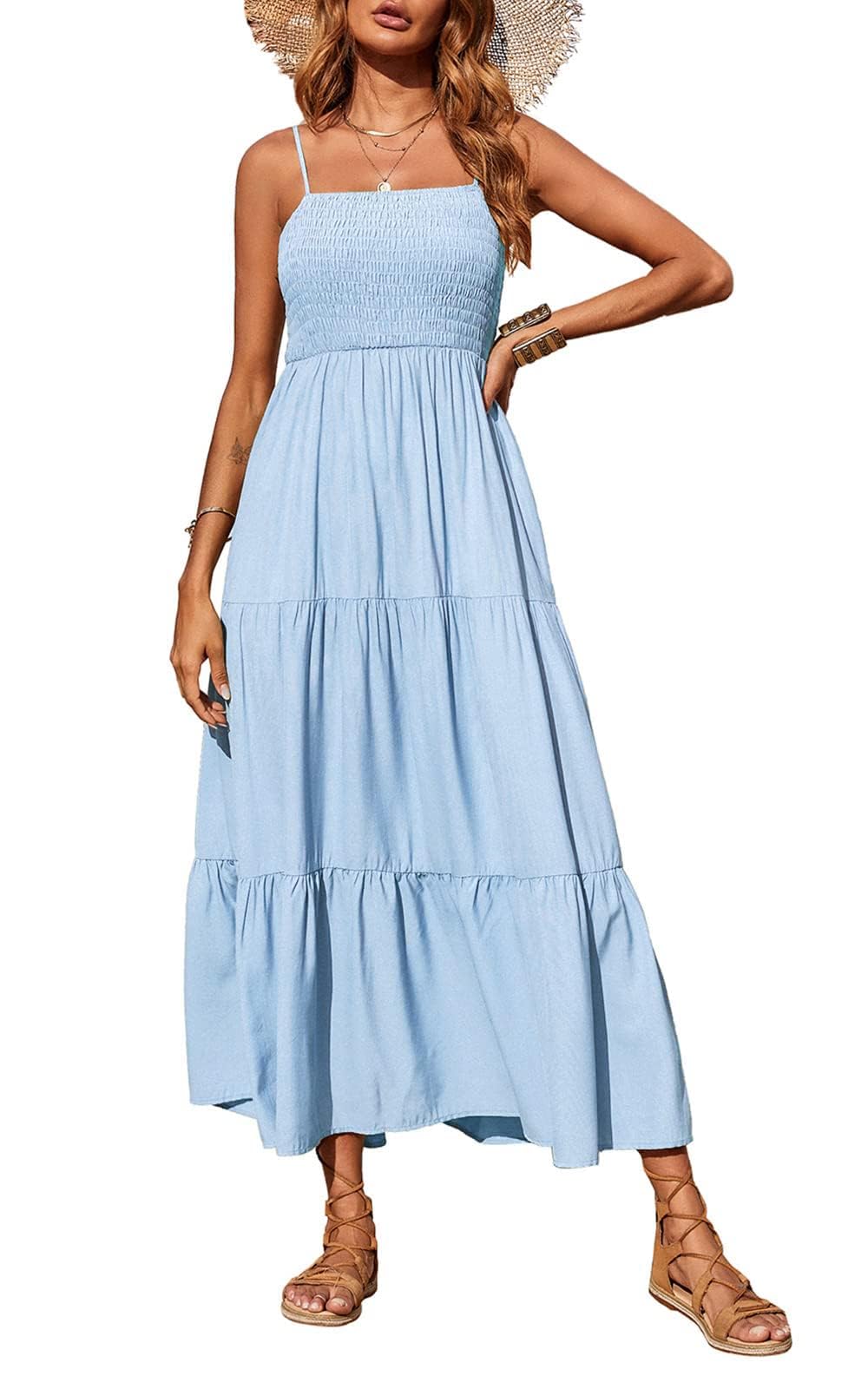 PRETTYGARDEN Women Summer Dress Maxi Casual Boho Sleeveless Spaghetti Strap Smoc