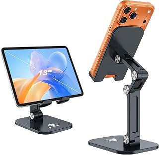OCYCLONE Phone Stand for Desk, Foldable Cell Phone Stand Holder, Black | Taller, Adjustable Height and Angle iPhone Stand Office Accessories Compatible with 4.7"-13" Smartphones iPad Tablet