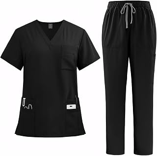 Meichoon Scrubs Set for Women Medical Uniform Set with V Neck Short Sleeve Top Straight Leg Pants 8 Pockets Stretchy Drawstring Moisture-Wicking DK77