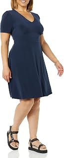 Amazon Essentials Womens Short Sleeve V-Neck Gathered Fit and Flare