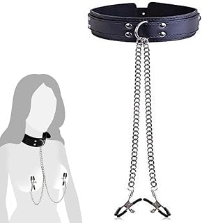 Leather Collar Adjustable Size Choker and Body Ring Chain for Women Stainless Steel Nipple Clamps Body Chain for Women Faux Body Jewelry Nipple Jewelry Non Piercing Nipple Barbells (Silver)