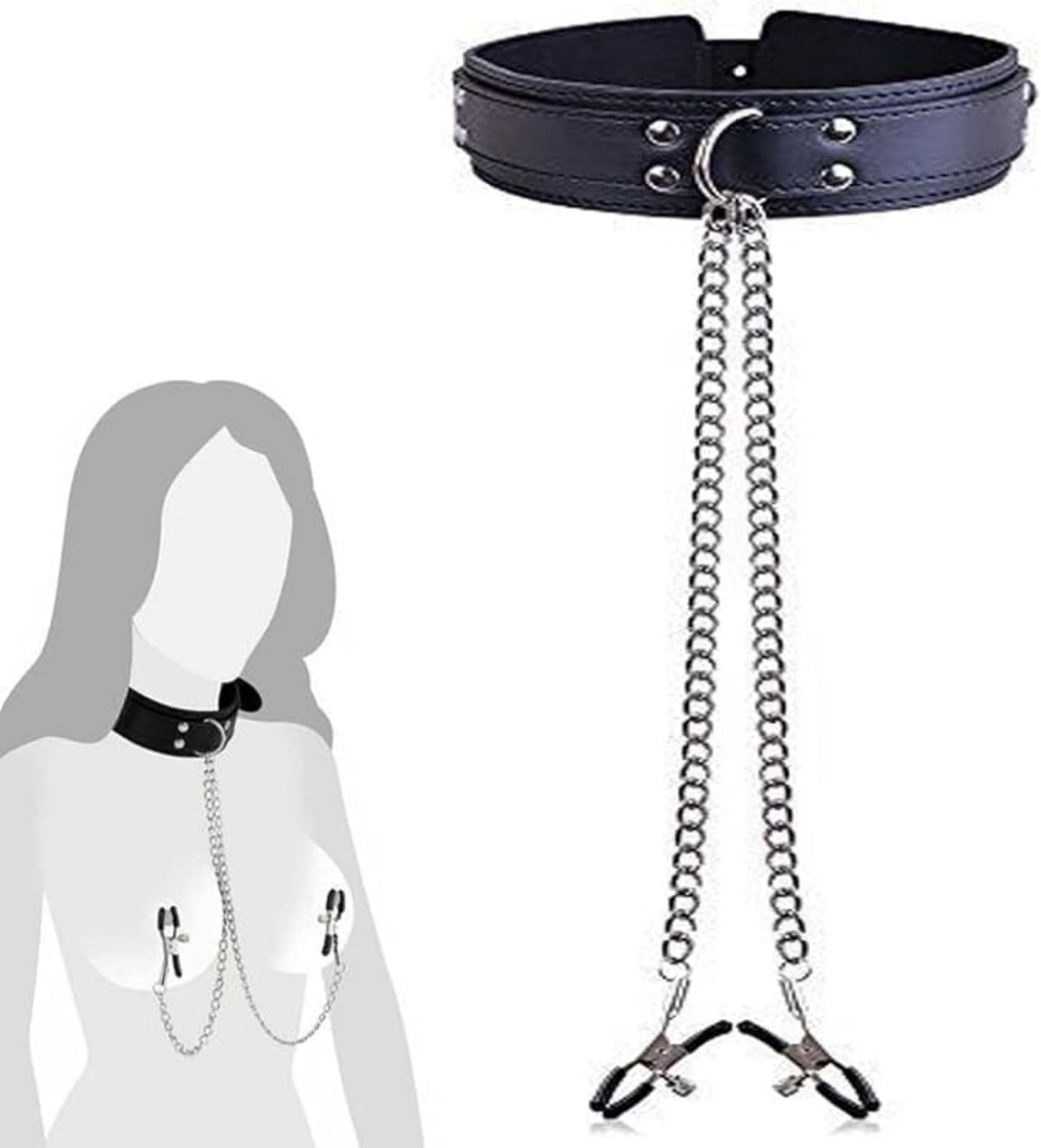 Leather Collar Adjustable Size Choker and Body Ring Chain for Women Stainless St