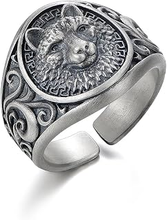 Rockyu Men's Silver Small Wolf Head Ring, Thai Silver, Open Ring, Vintage Style, Animal Ring, Stylish, Wolf Stainless Steel, Hypoallergenic, Christmas Gift
