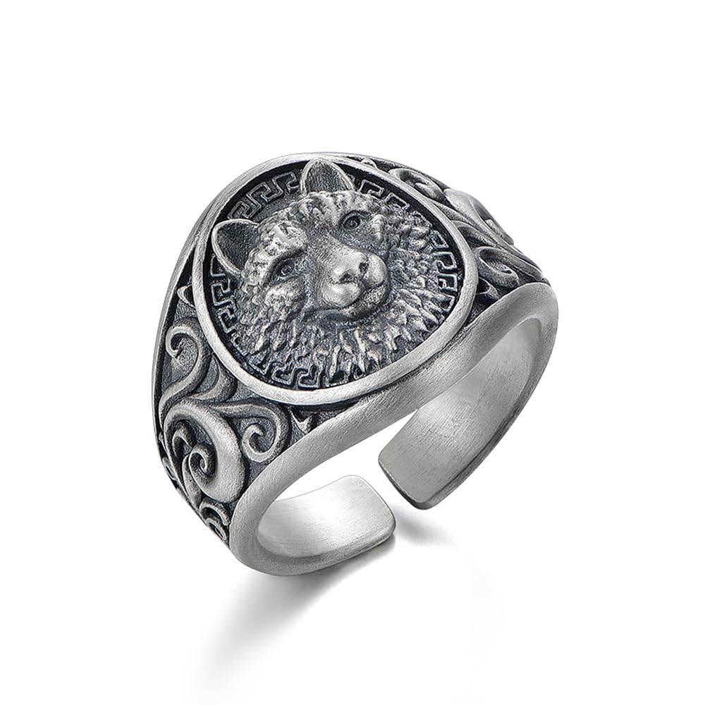 Rockyu Men's Silver Small Wolf Head Ring, Thai Silver, Open Ring, Vintage Style,